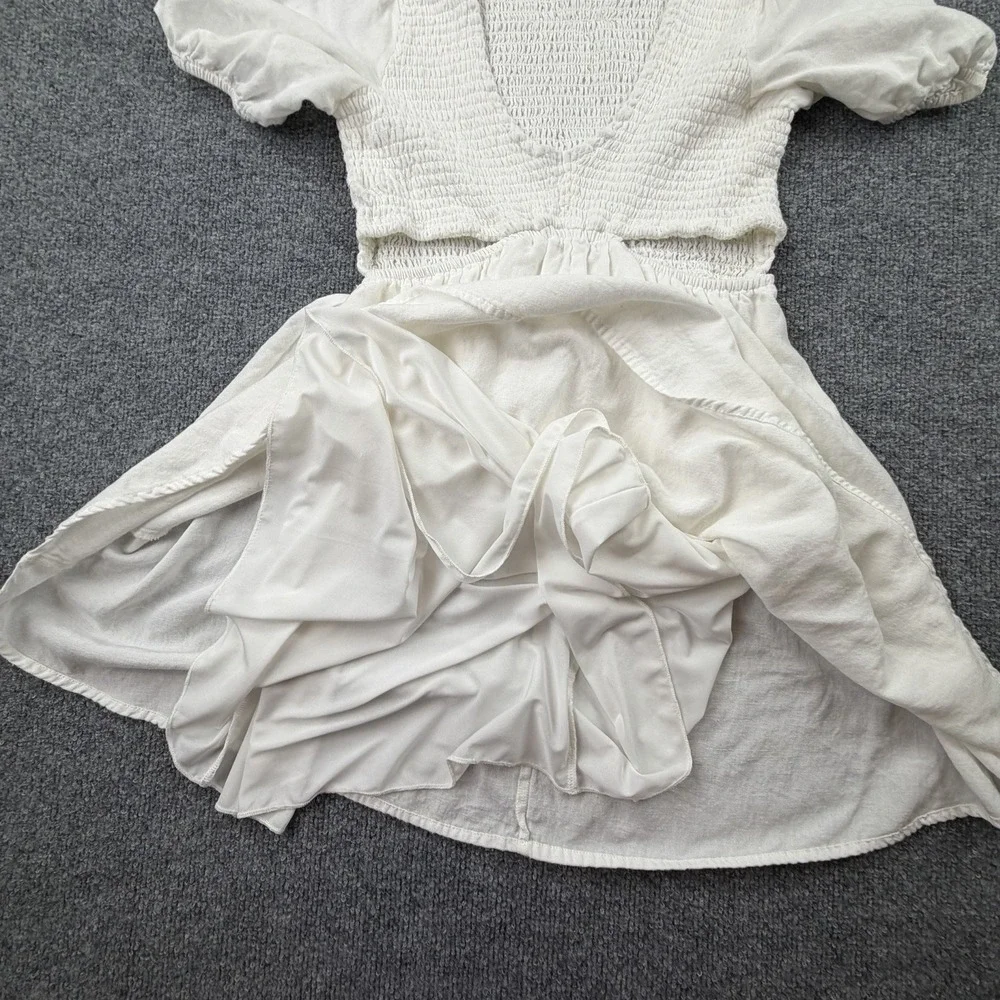 Japna White Smocked Mini Dress Puff Sleeve Boho Cottagecore S‎
